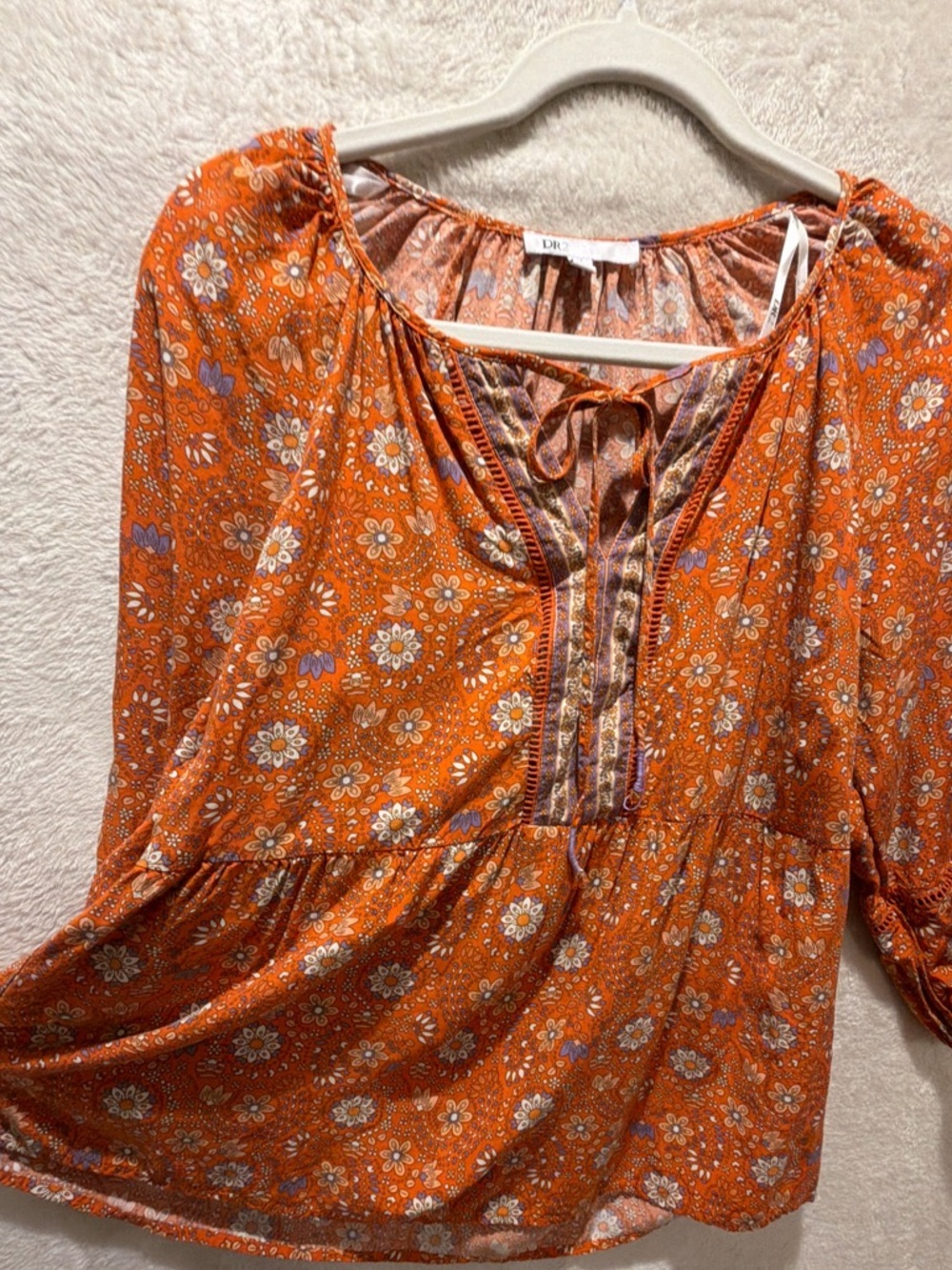 Festival Ready! DR2 boho peasant blouse floral tie front flowy rayon top M - Picture 11 of 12